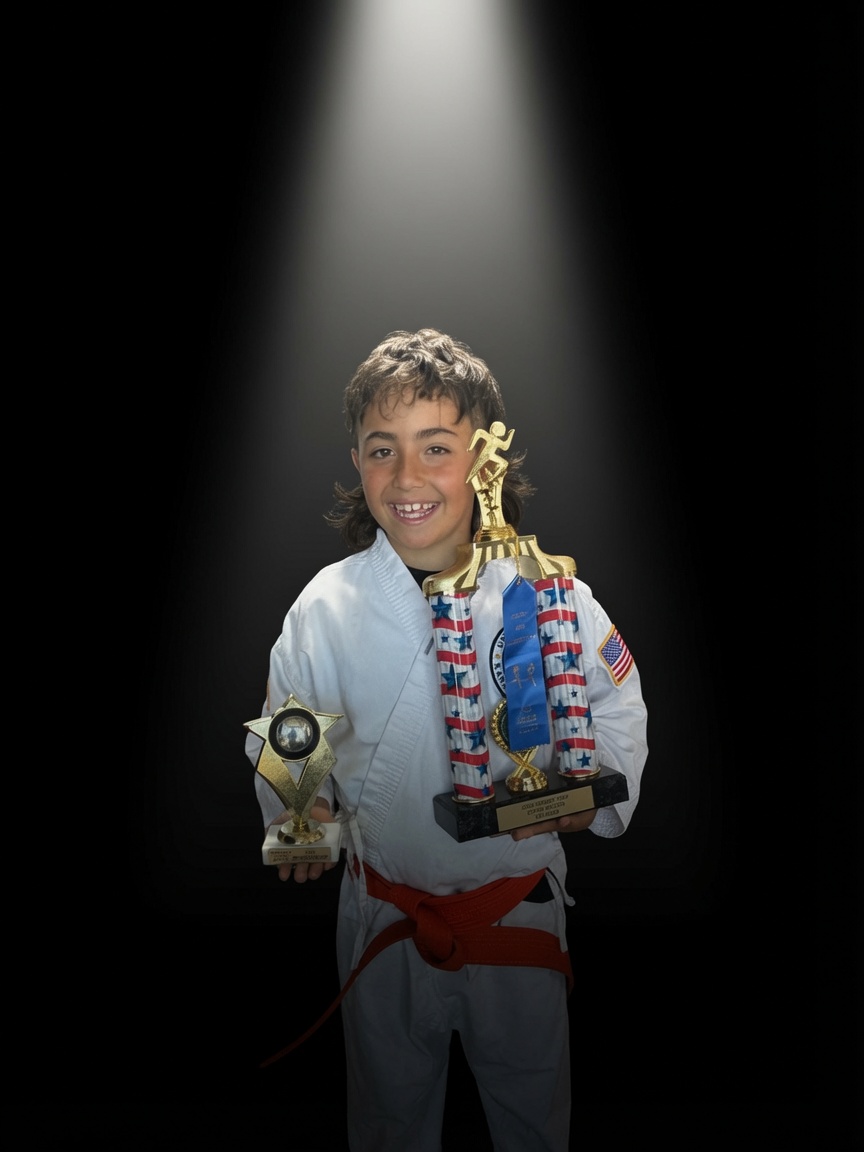Owen Milton in his karate uniform holding trophies